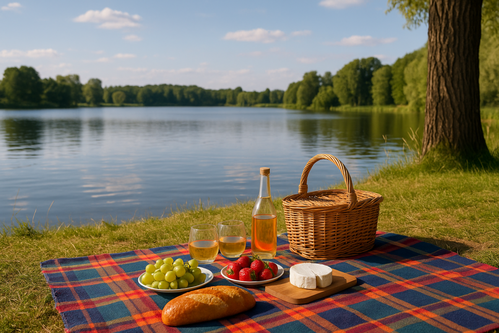 Picknickdecke mit Korb, Obst, Käse und Getränken am Ufer eines Sees mit Bäumen und blauem Himmel.